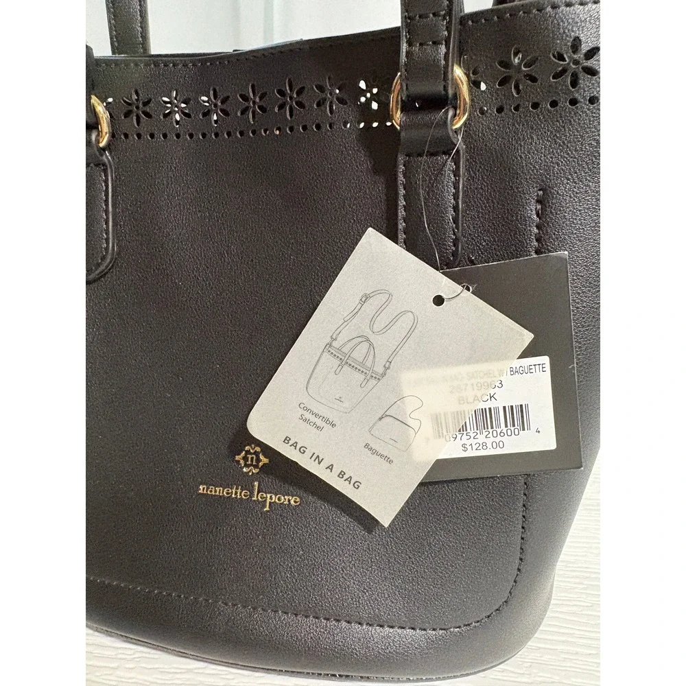 Nanette Lepore Black Vegan Leather Satchel Bag in a Bag Gingham Baguette